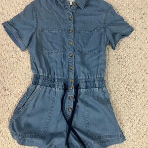 Heartloom Women’s Denim Romper with Button Detail and Cuffed Sleeves